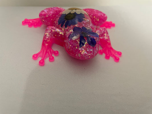 Resin Frog Figurine with Real Flowers