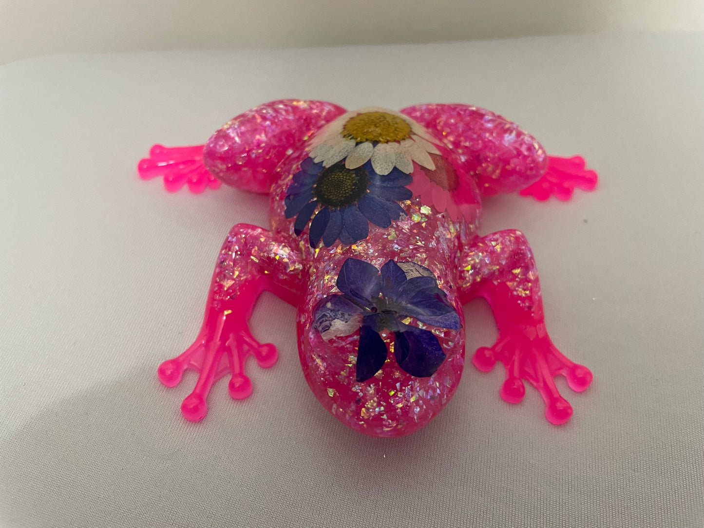 Resin Frog Figurine with Real Flowers