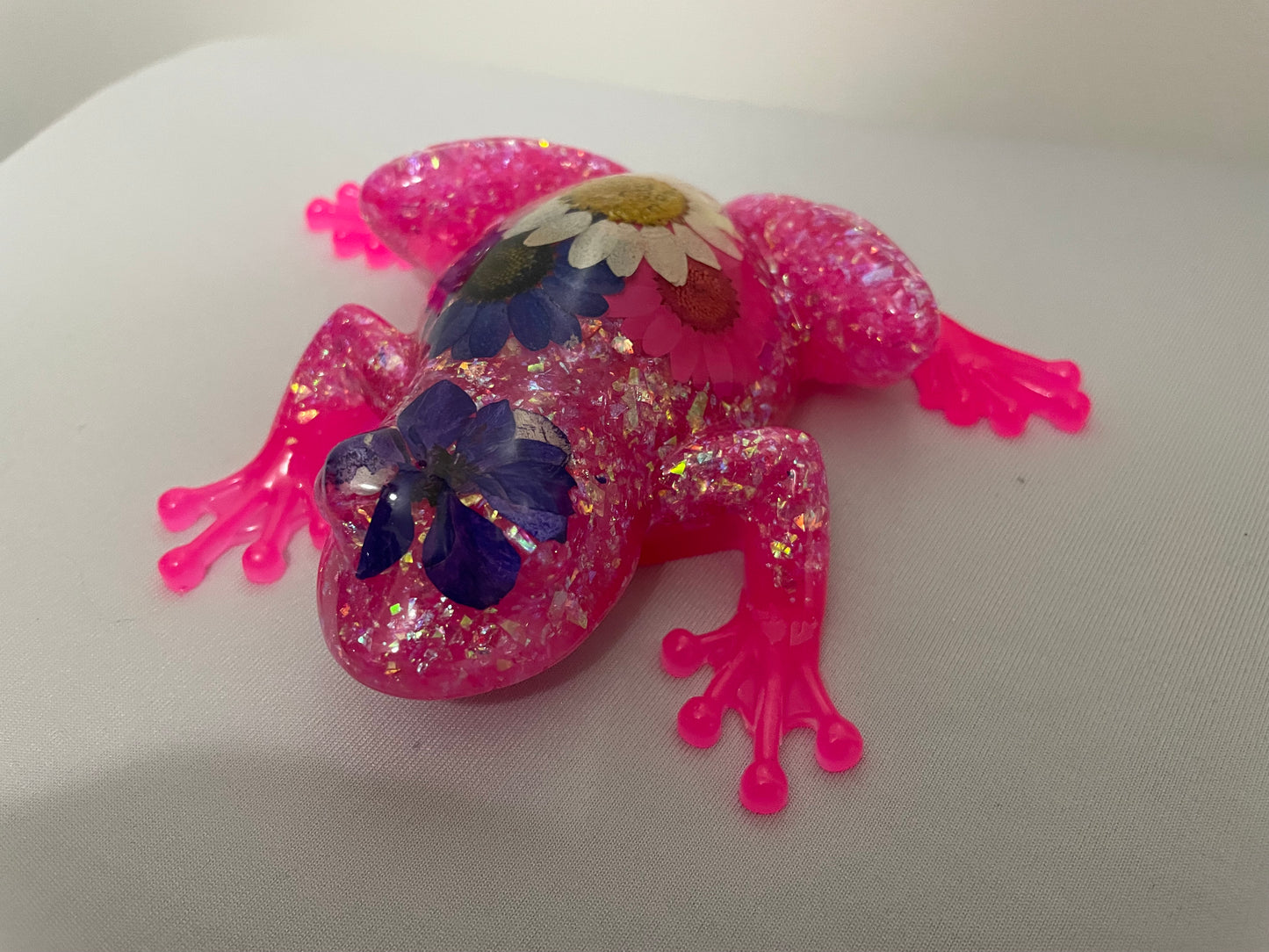 Resin Frog Figurine with Real Flowers