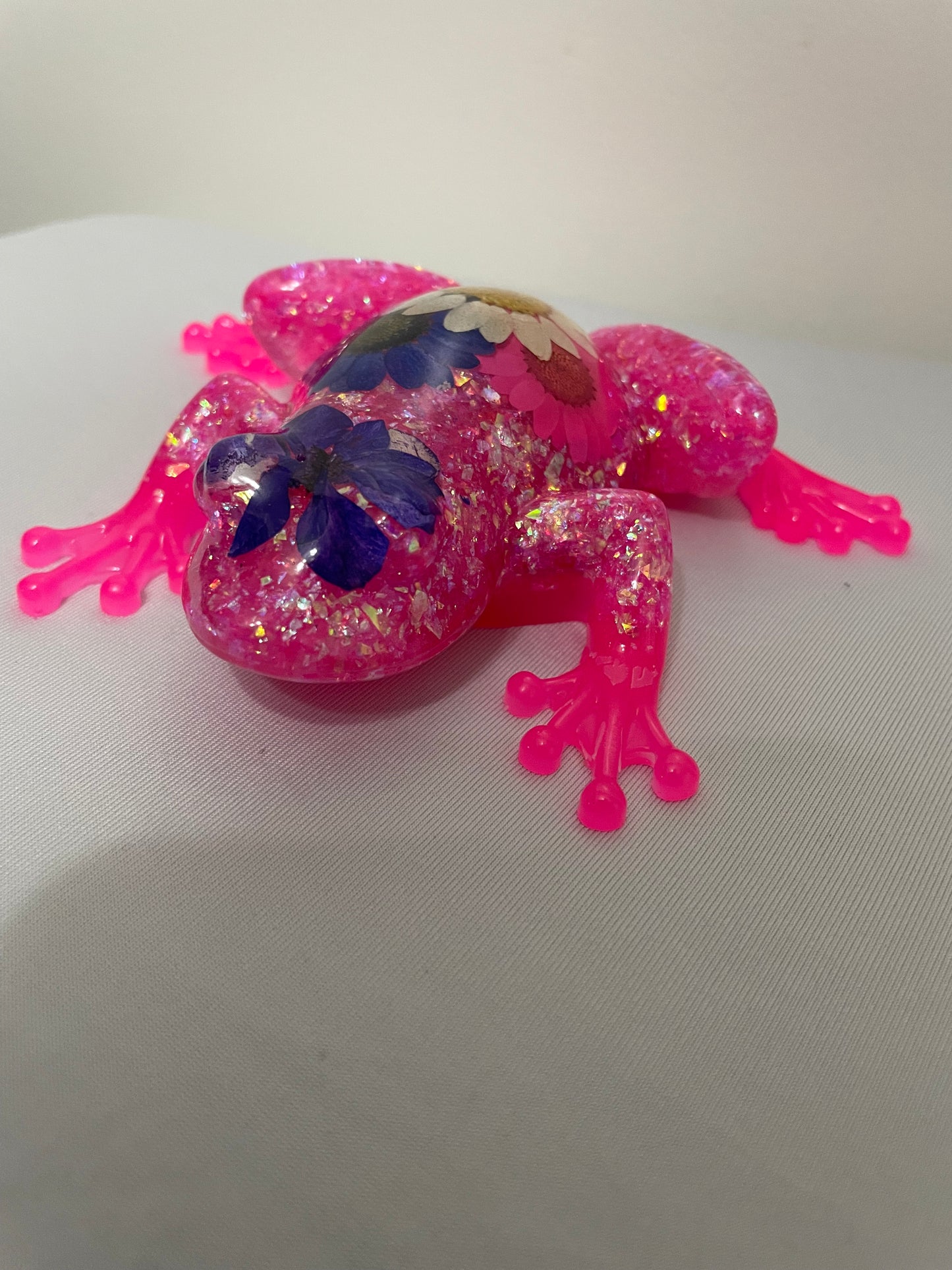 Resin Frog Figurine with Real Flowers