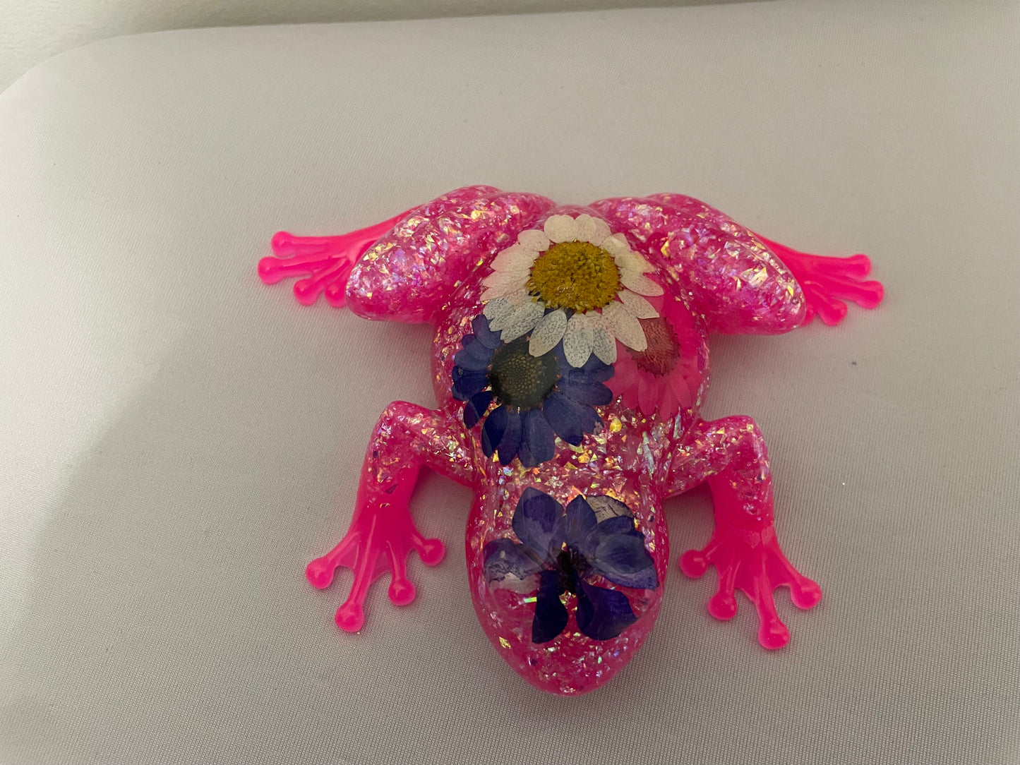 Resin Frog Figurine with Real Flowers