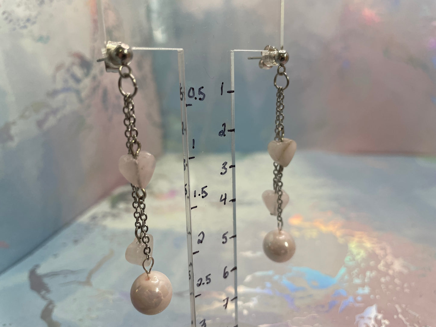 Boucles d’oreilles pendantes cœur rose et perle – Acier inoxydable style romantique
