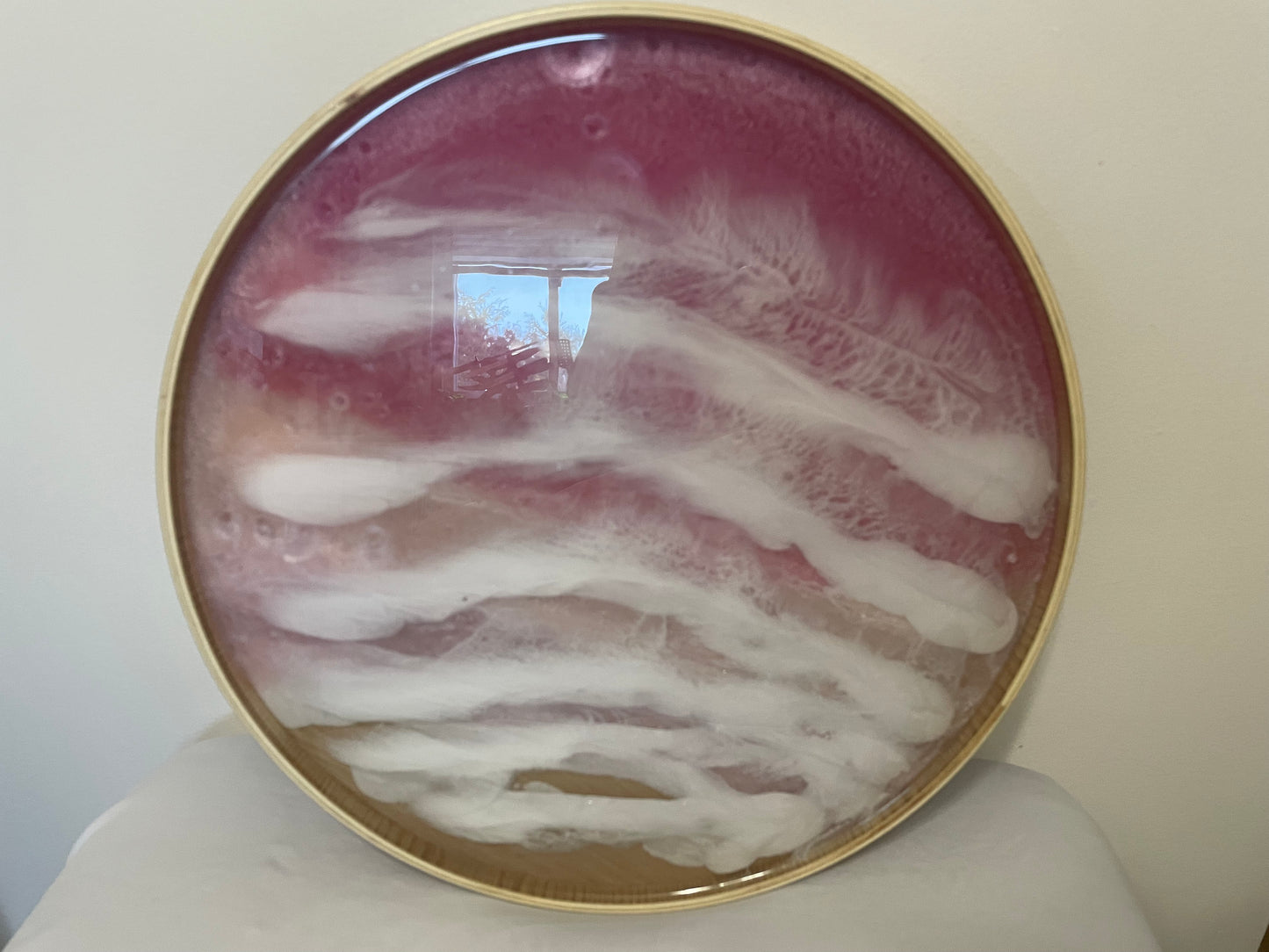 Pink Ocean-Round Wood and Resin Tray  – Unique Handmade Art Piece