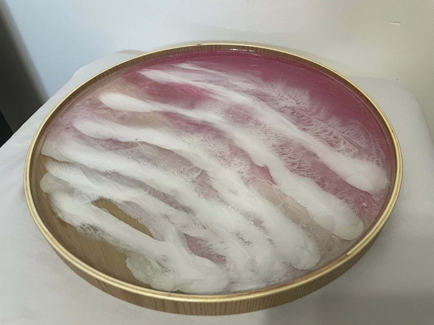 Pink Ocean-Round Wood and Resin Tray  – Unique Handmade Art Piece