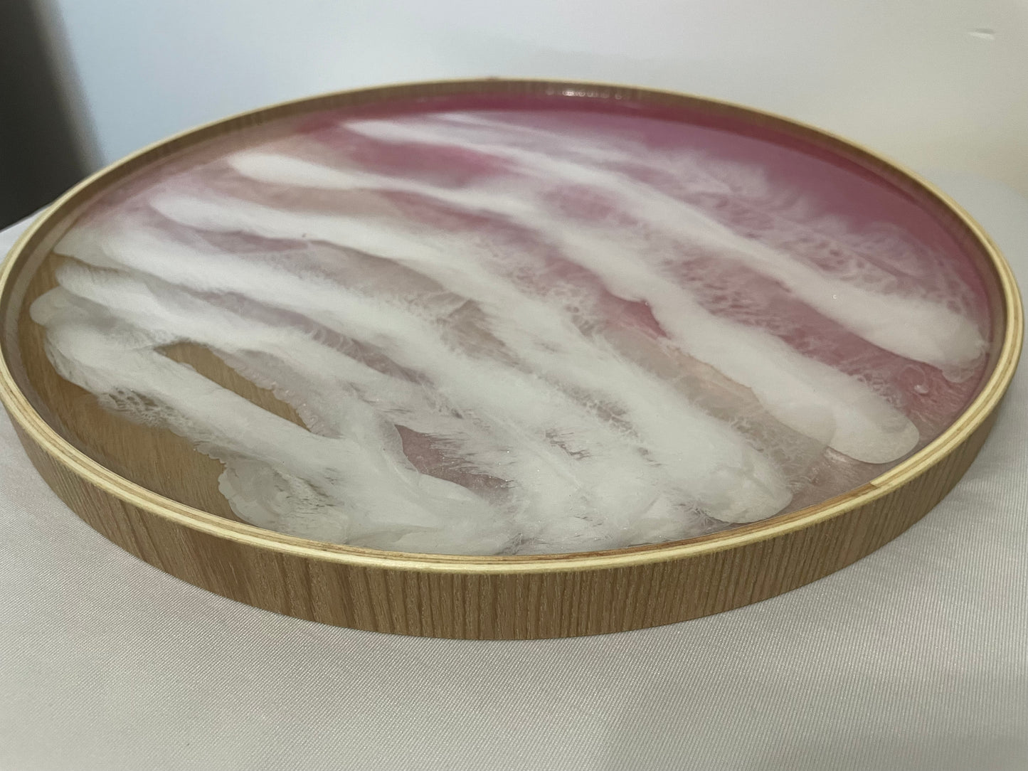 Pink Ocean-Round Wood and Resin Tray  – Unique Handmade Art Piece