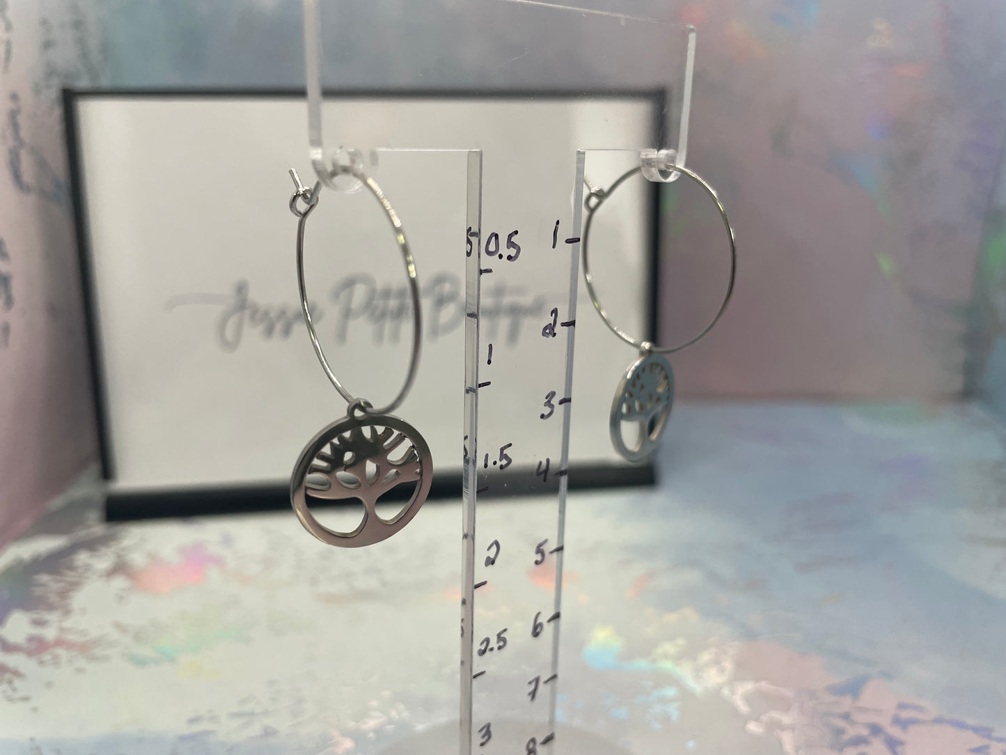 Boucles d’oreilles créoles arbre de vie argent – Acier inoxydable minimaliste