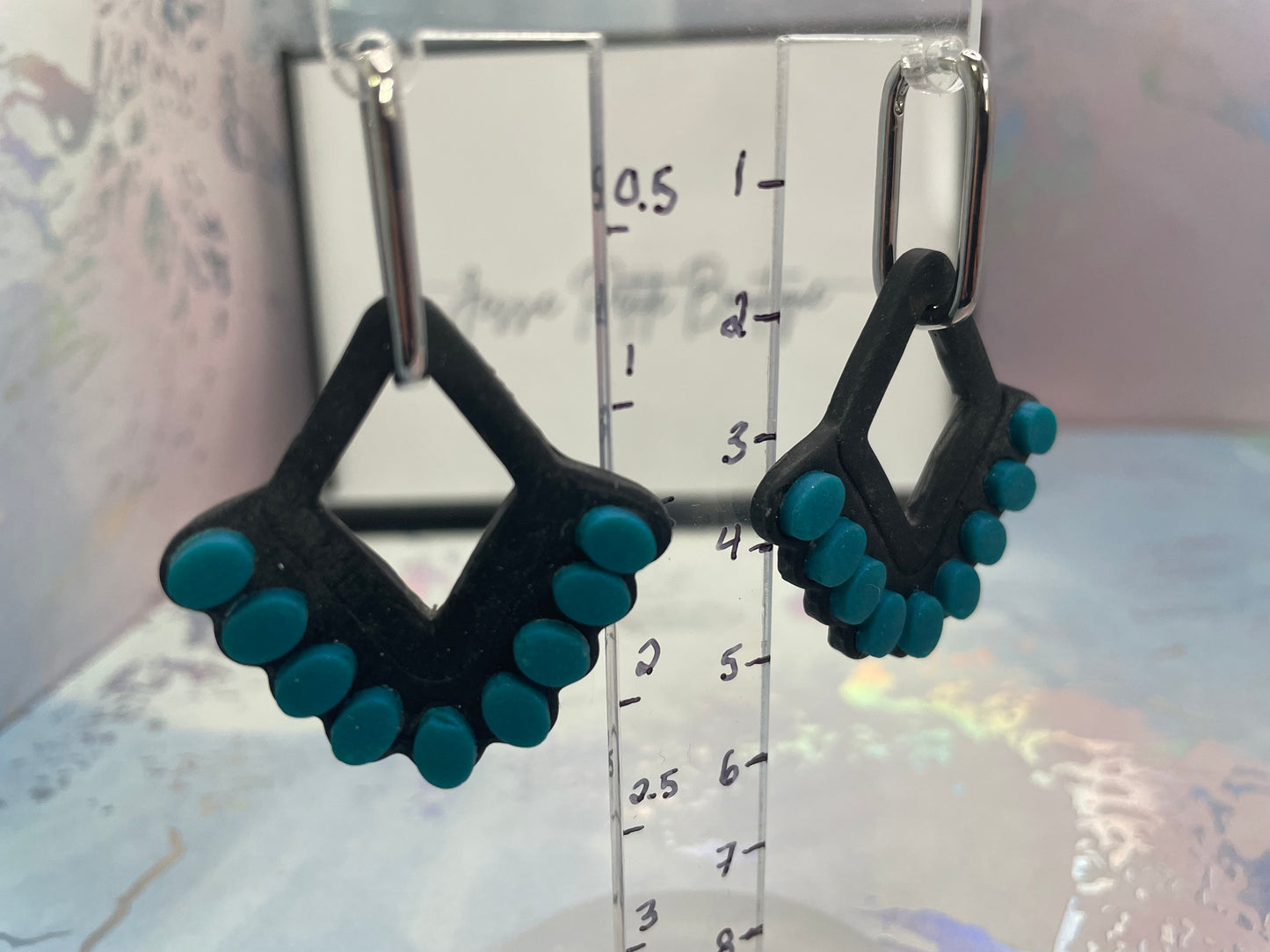 Teal & Black Geometric Hoop Earrings – Polymer Clay Statement Design