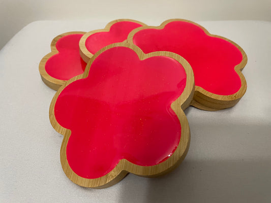 Flower-Shaped Wooden Coasters with Glow-in-the-Dark Pink Resin (Set of 5)
