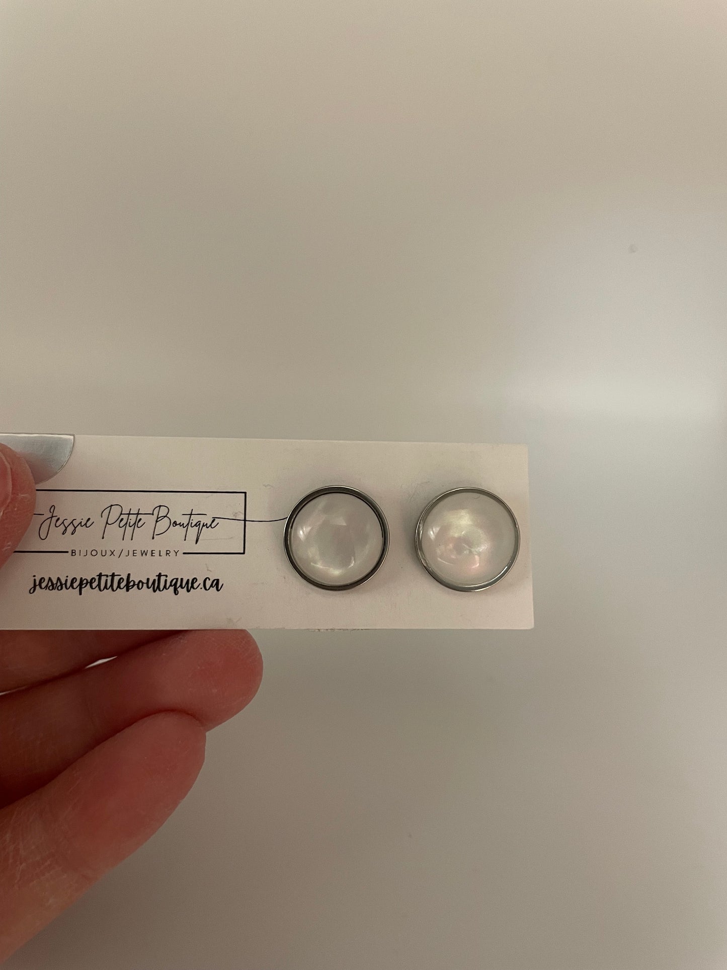 White Cabochon Stud Earrings – Stainless Steel