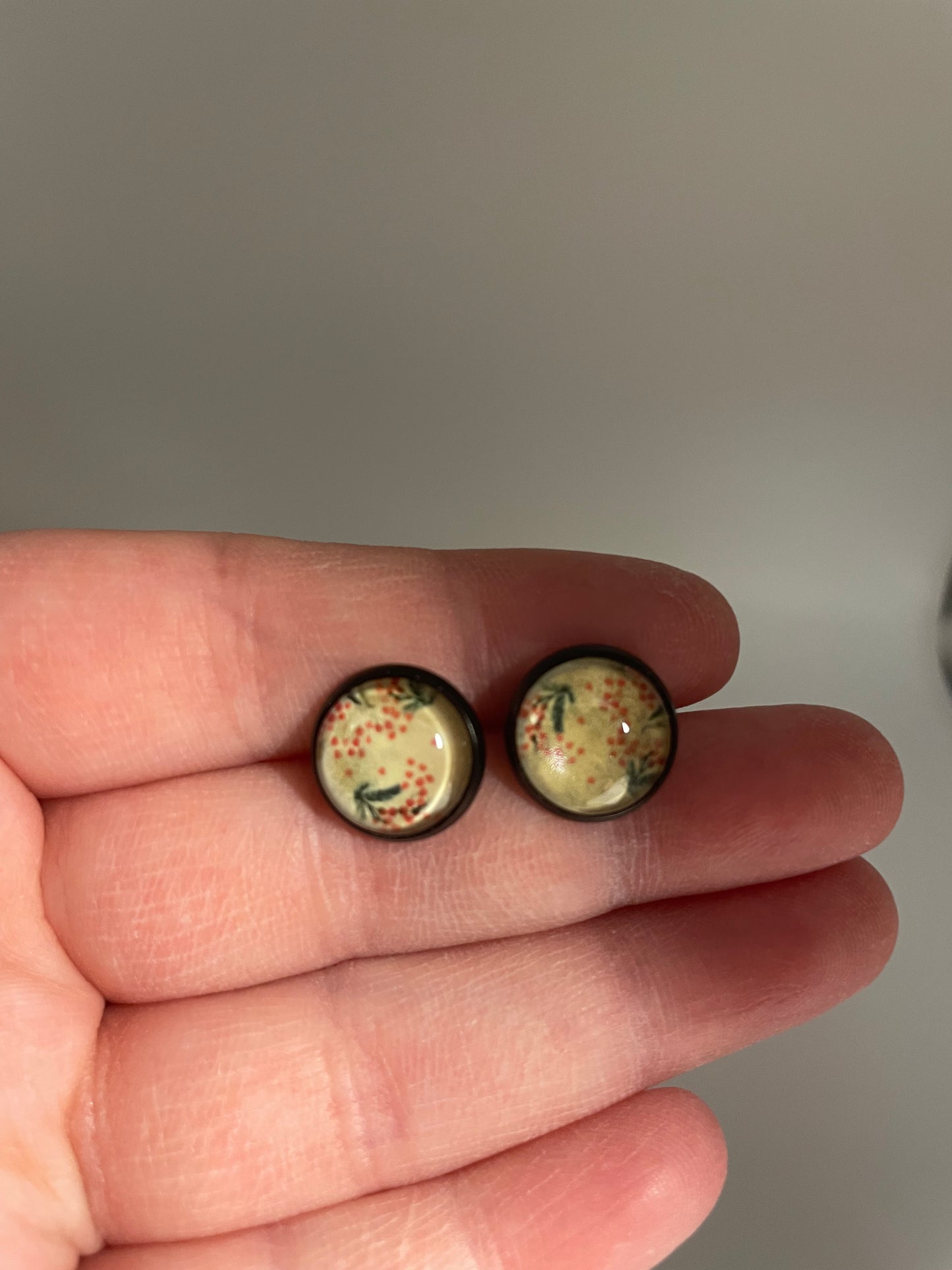 Floral Glass Cabochon Stud Earrings – Stainless Steel