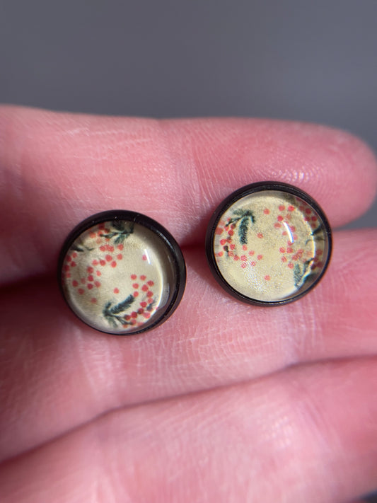 Floral Glass Cabochon Stud Earrings – Stainless Steel