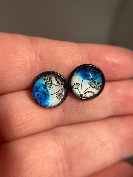 Blue Floral Glass Cabochon Stud Earrings – Stainless Steel