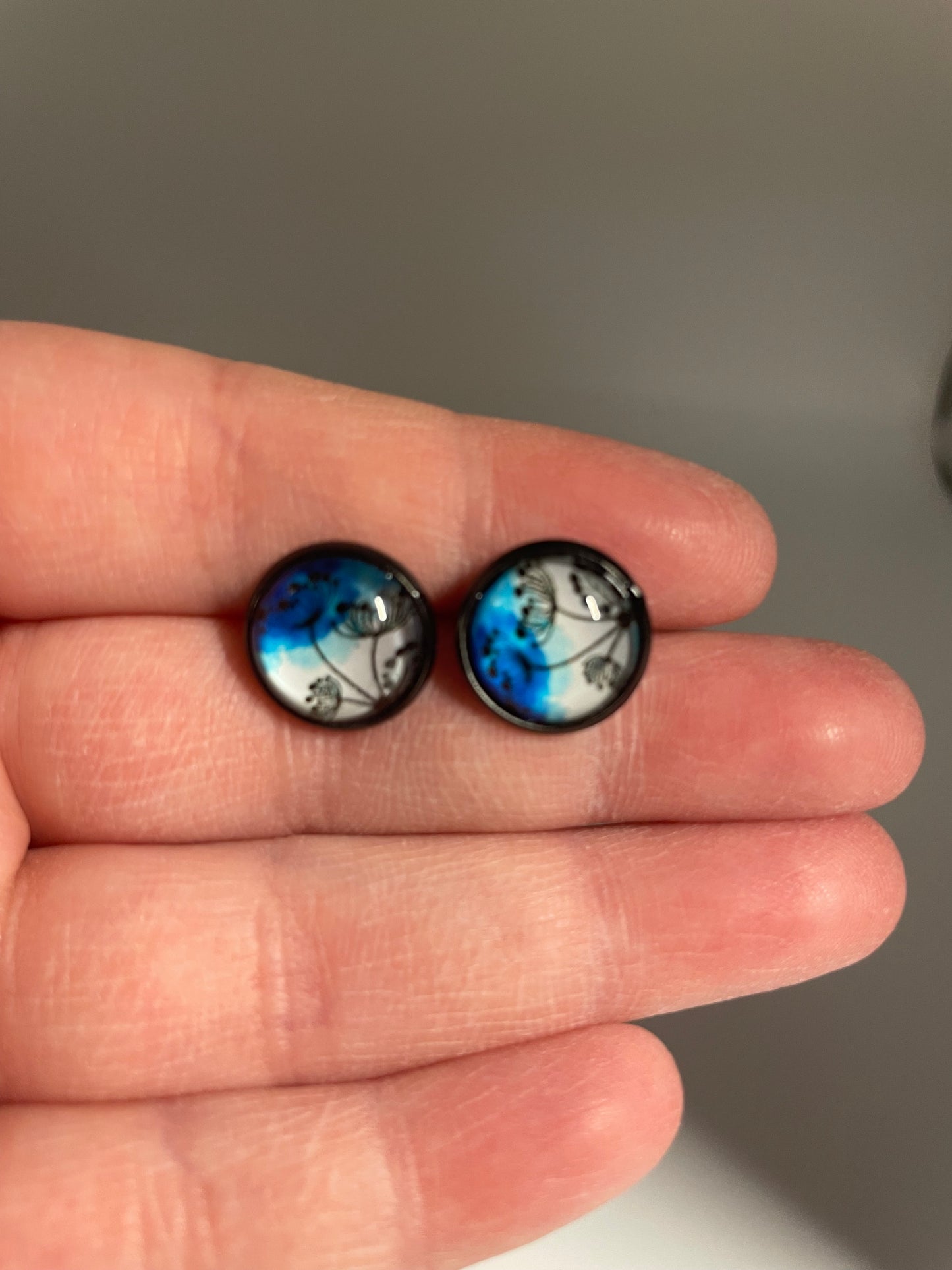 Blue Floral Glass Cabochon Stud Earrings – Stainless Steel