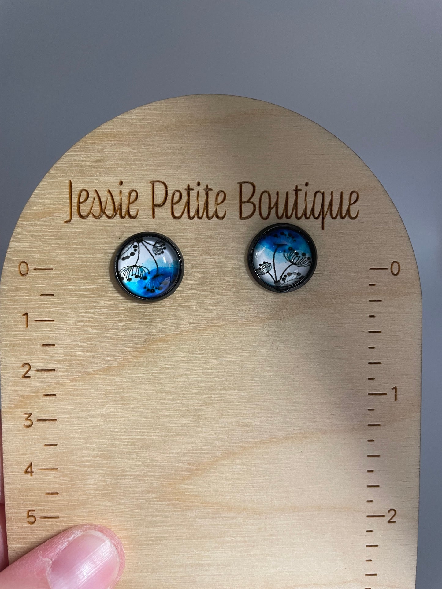 Blue Floral Glass Cabochon Stud Earrings – Stainless Steel