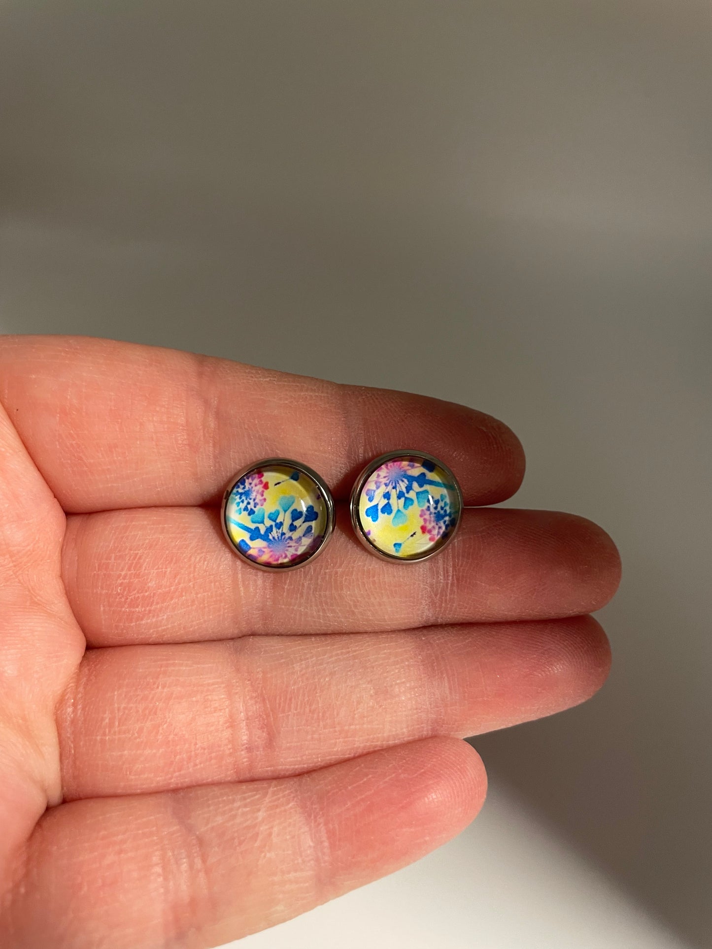 Colorful Dandelion Glass Cabochon Stud Earrings – Stainless Steel