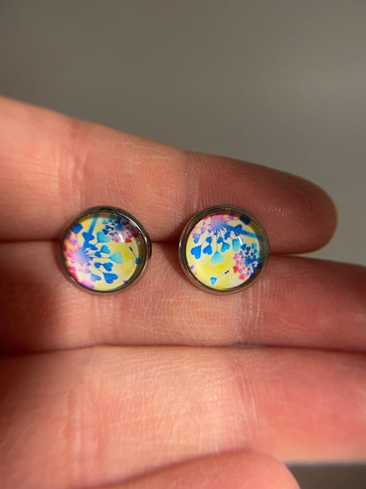 Colorful Dandelion Glass Cabochon Stud Earrings – Stainless Steel