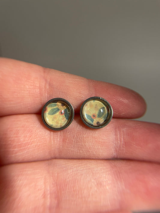 Vintage Floral Glass Cabochon Stud Earrings – Stainless Steel