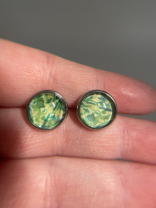 Green Leaf Glass Cabochon Stud Earrings – Stainless Steel