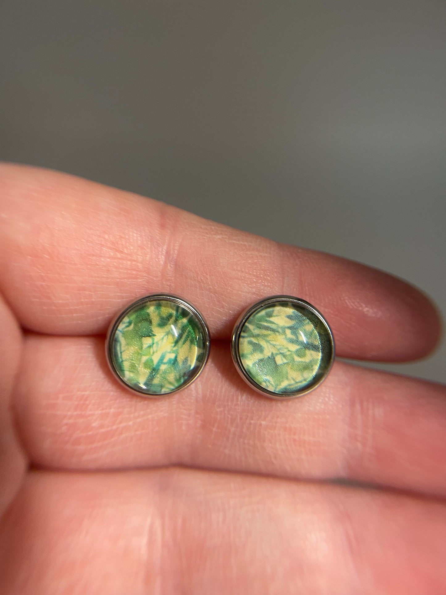 Green Leaf Glass Cabochon Stud Earrings – Stainless Steel