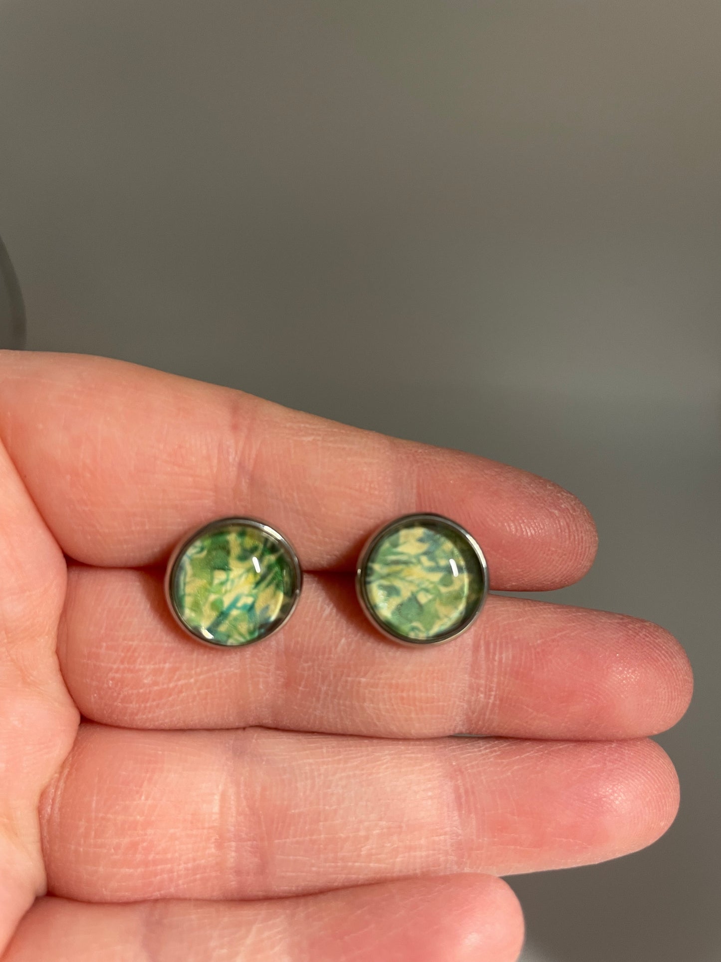 Green Leaf Glass Cabochon Stud Earrings – Stainless Steel