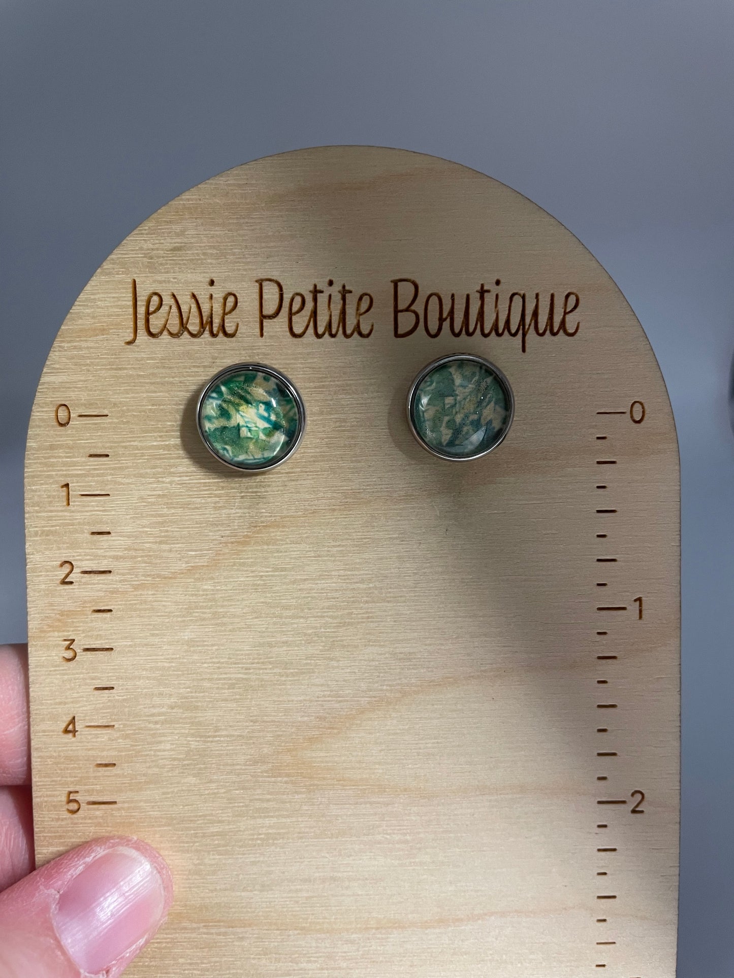 Green Leaf Glass Cabochon Stud Earrings – Stainless Steel