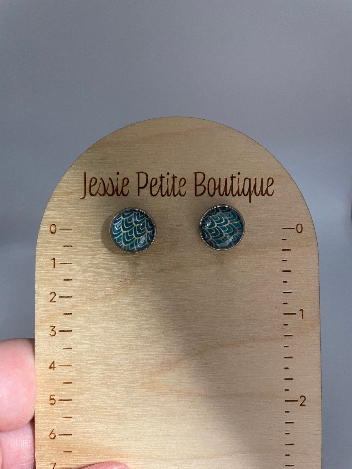 Blue Pattern Glass Cabochon Stud Earrings – Stainless Steel
