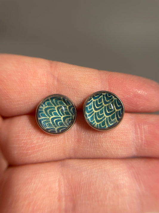 Blue Pattern Glass Cabochon Stud Earrings – Stainless Steel