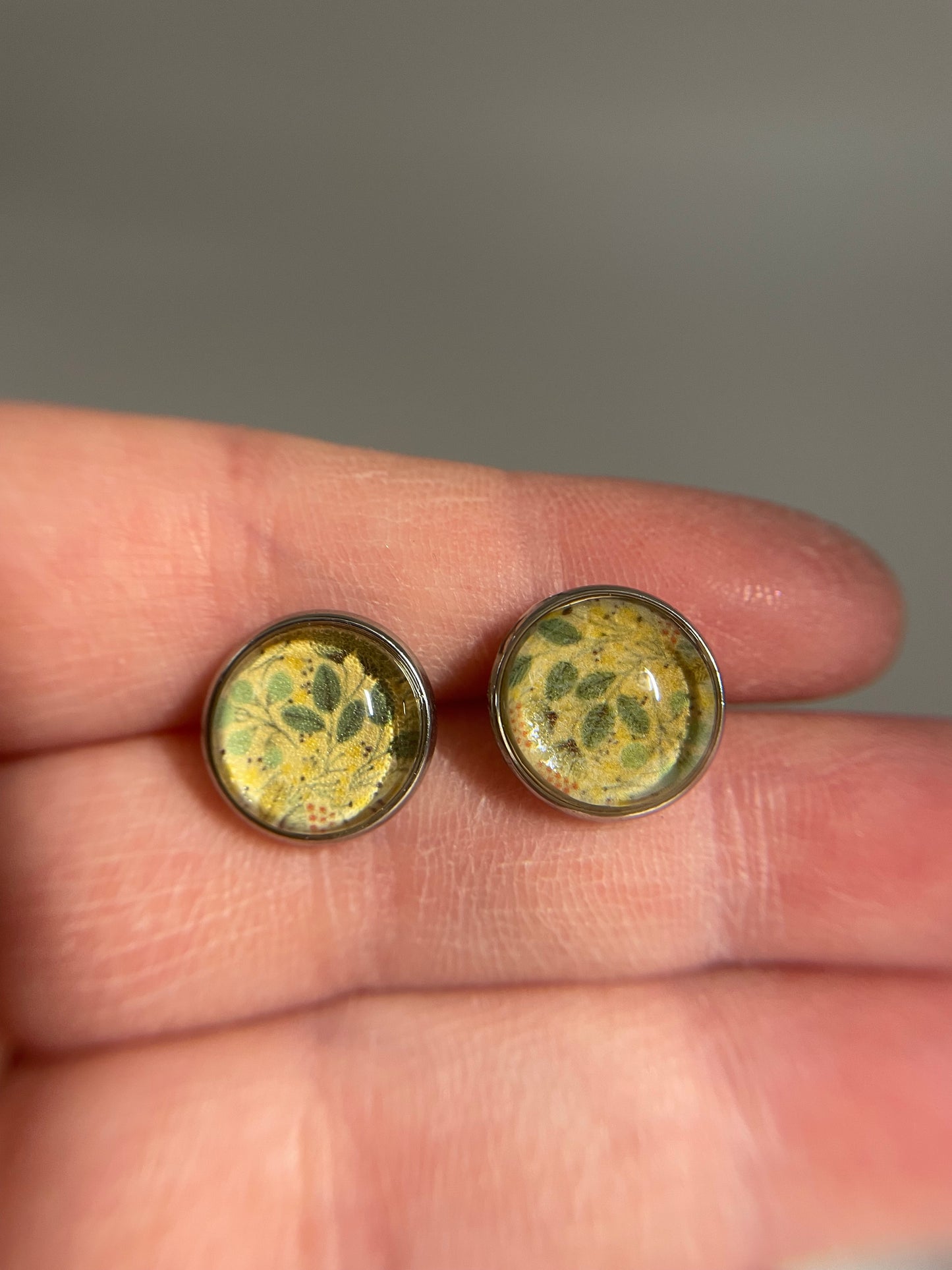 Yellow Leaf Glass Cabochon Stud Earrings – Stainless Steel