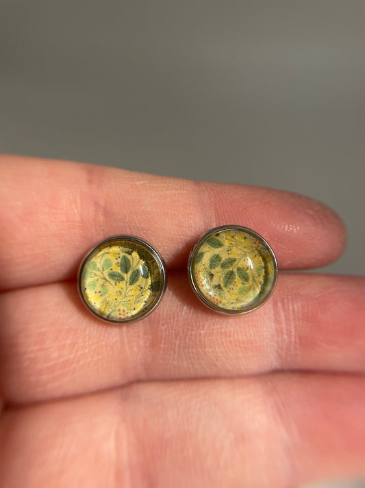 Yellow Leaf Glass Cabochon Stud Earrings – Stainless Steel