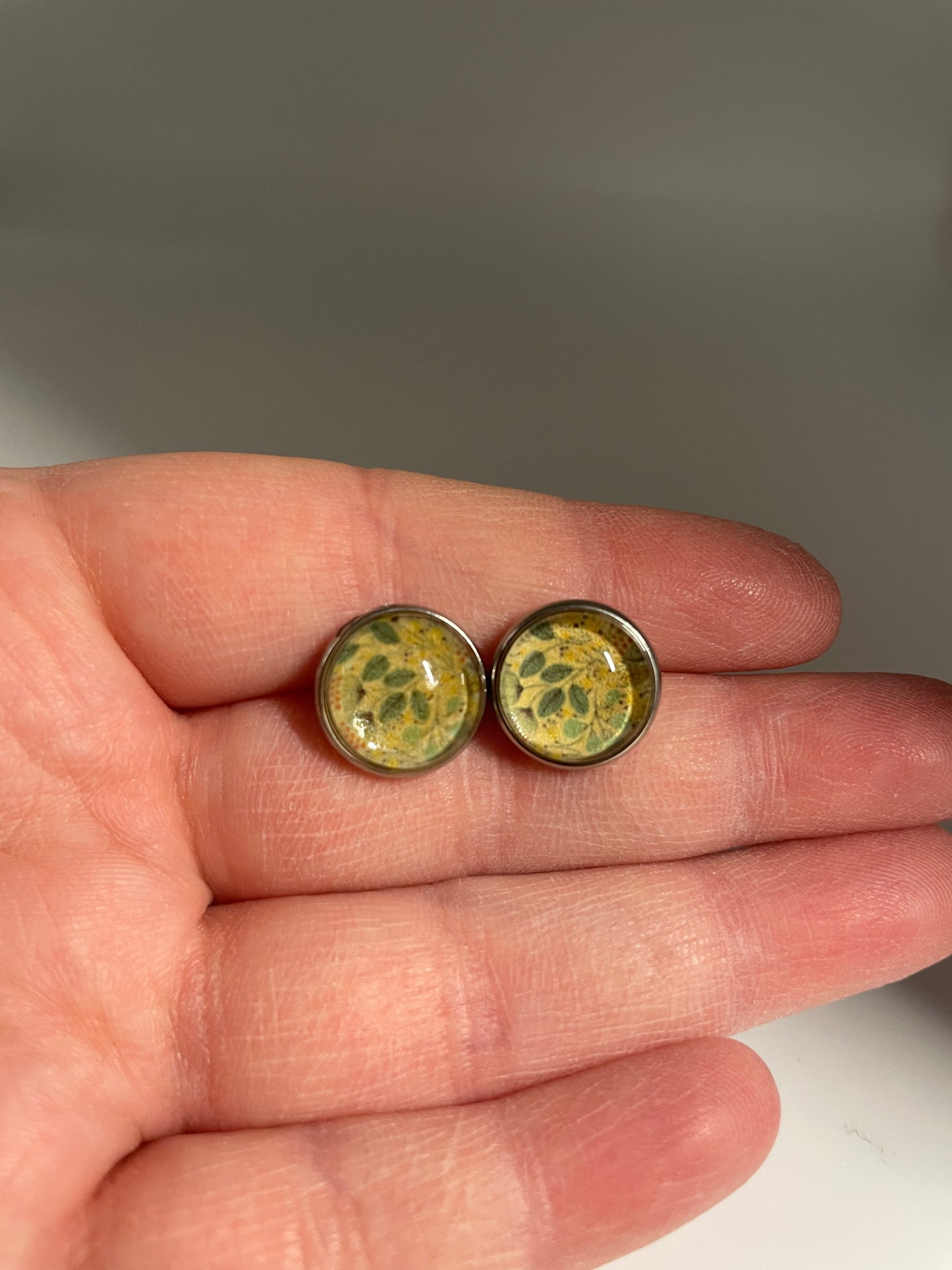 Yellow Leaf Glass Cabochon Stud Earrings – Stainless Steel