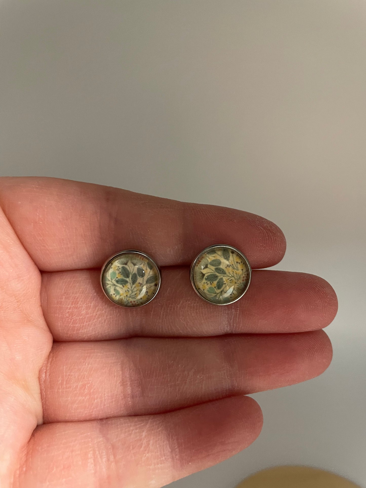 Yellow Leaf Glass Cabochon Stud Earrings – Stainless Steel