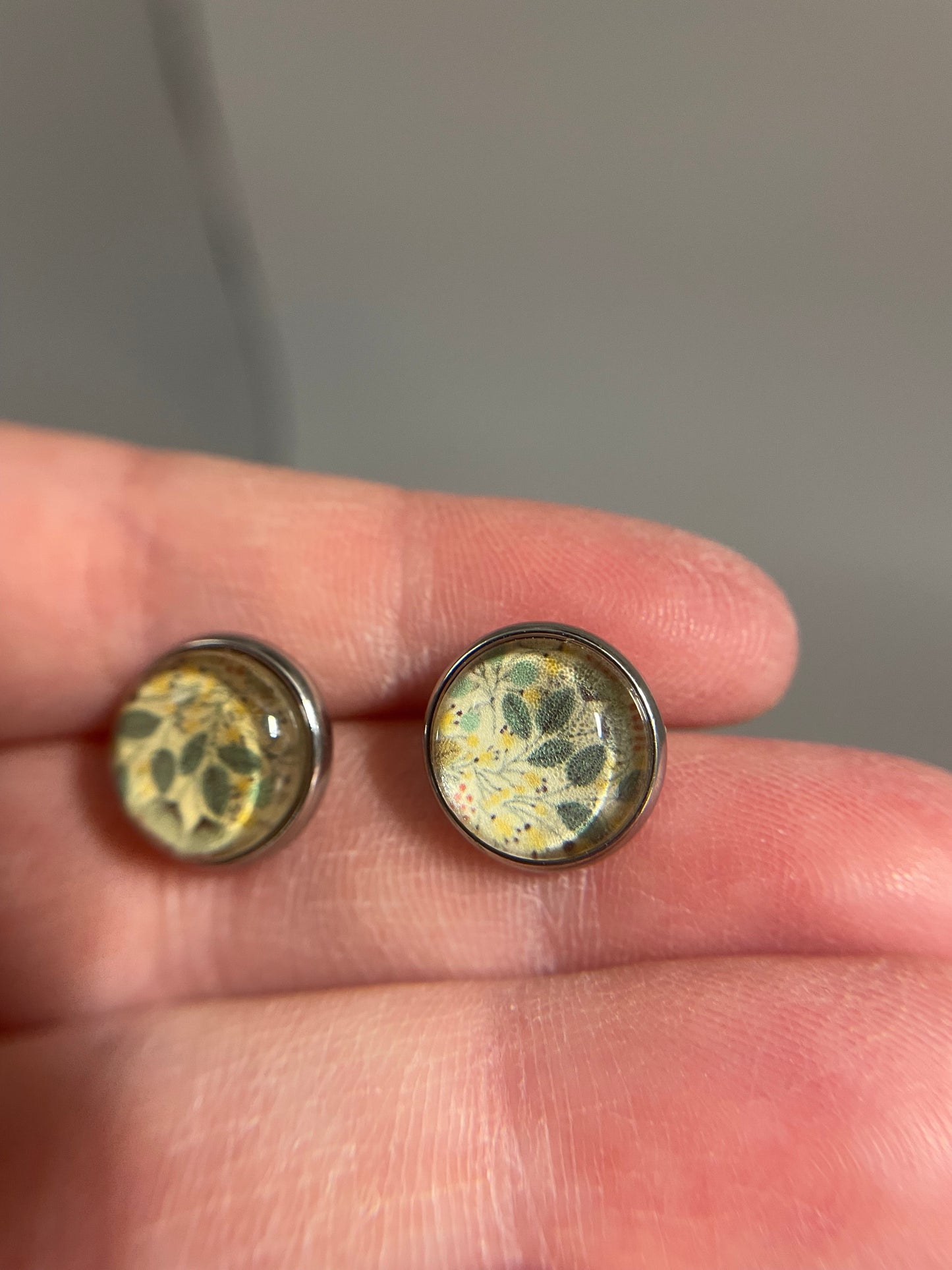 Yellow Leaf Glass Cabochon Stud Earrings – Stainless Steel