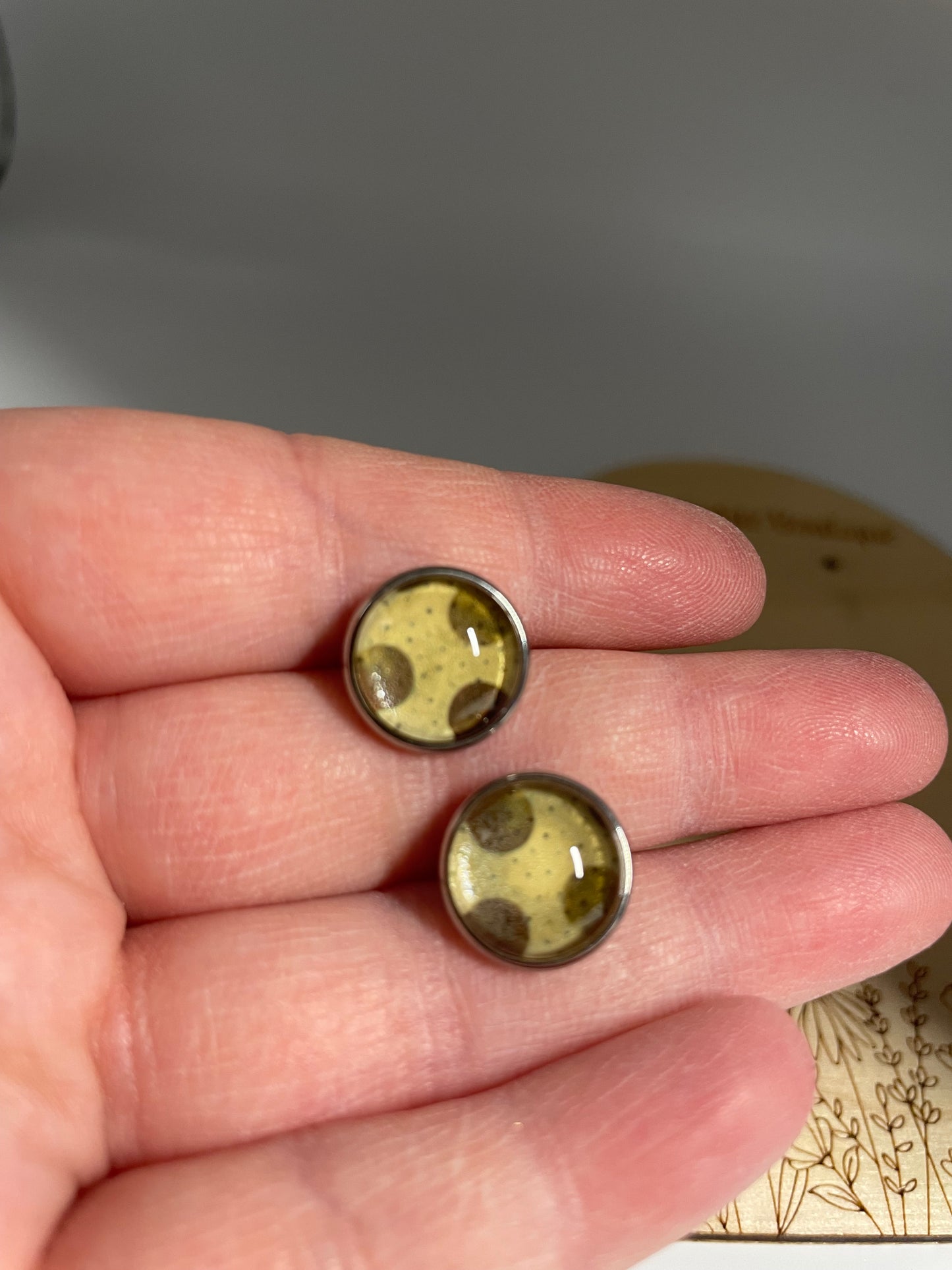 Brown Dot Glass Cabochon Stud Earrings – Stainless Steel