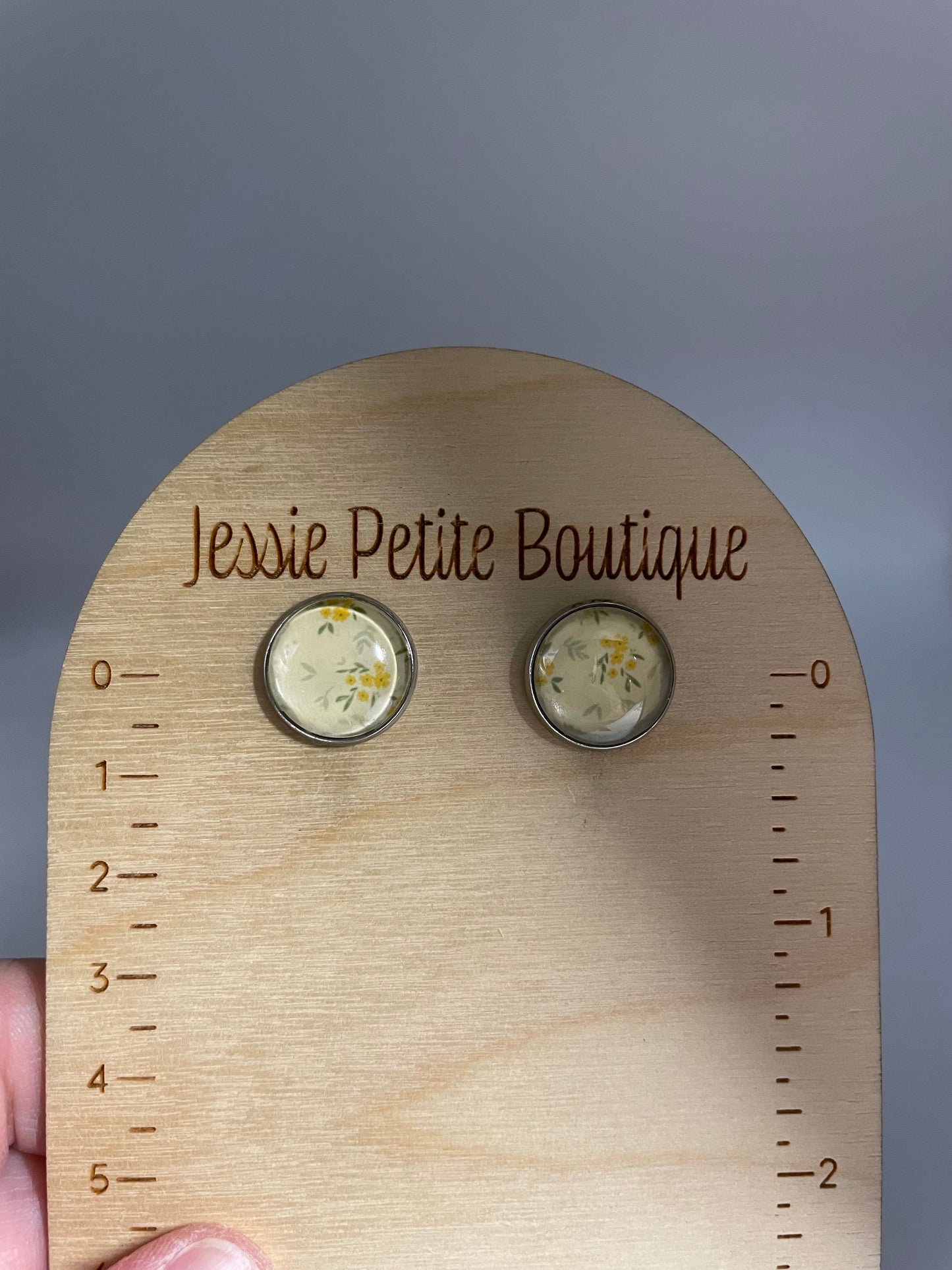 Yellow Floral Glass Cabochon Stud Earrings – Stainless Steel