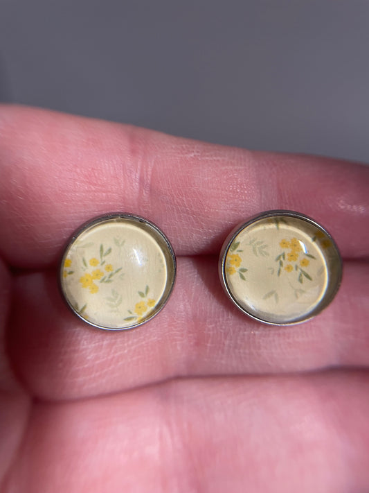 Yellow Floral Glass Cabochon Stud Earrings – Stainless Steel