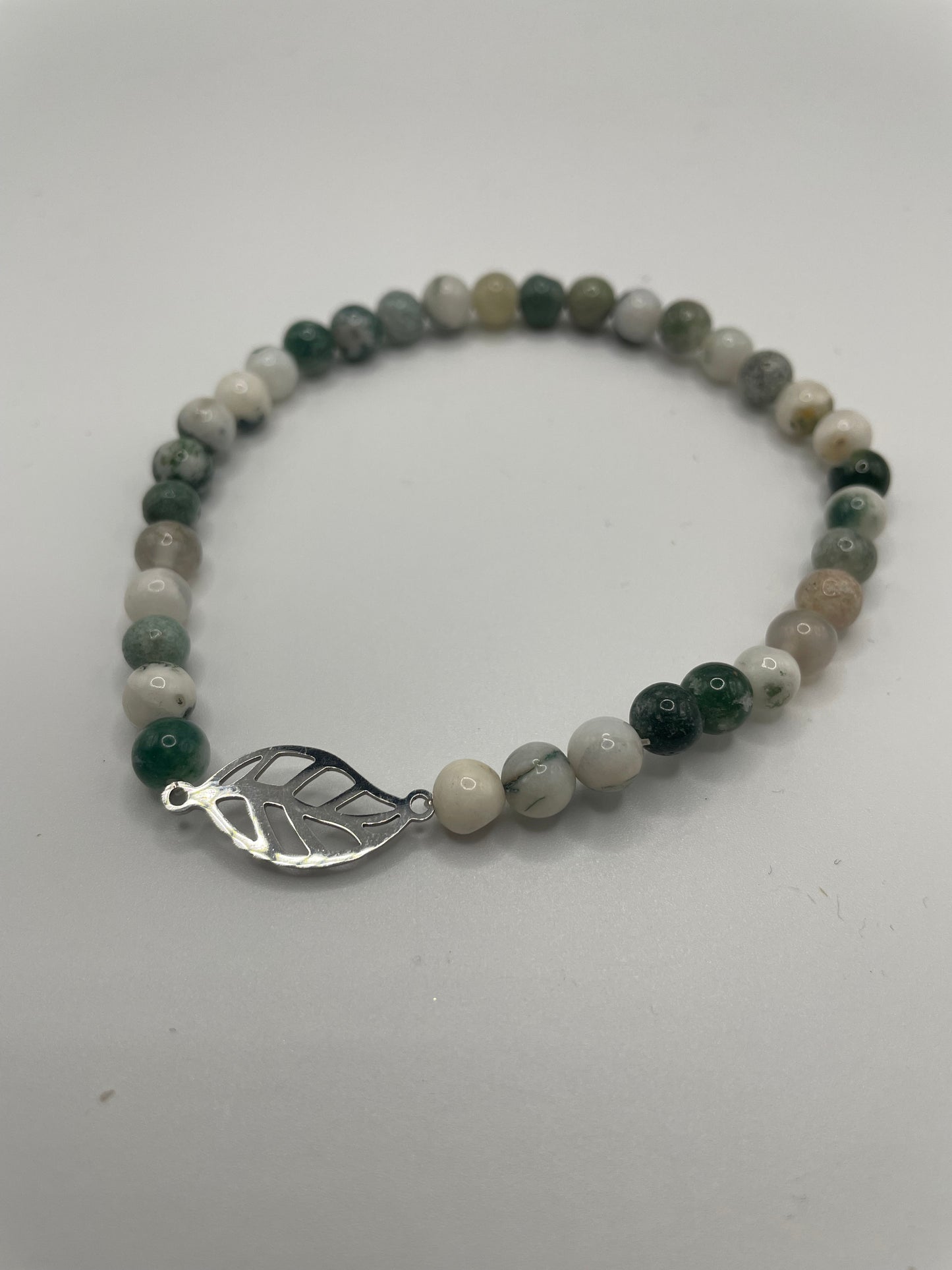 Green Agate Beaded Bracelet with Leaf Charm