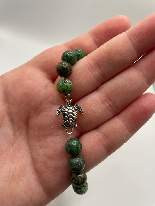 Green Jasper Bracelet with Turtle Charm