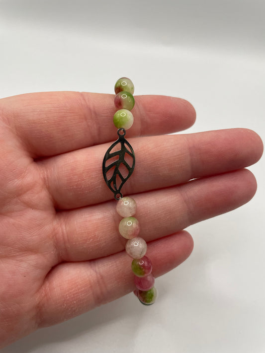 Watermelon Beaded Bracelet with Stainless Steel Leaf Charm