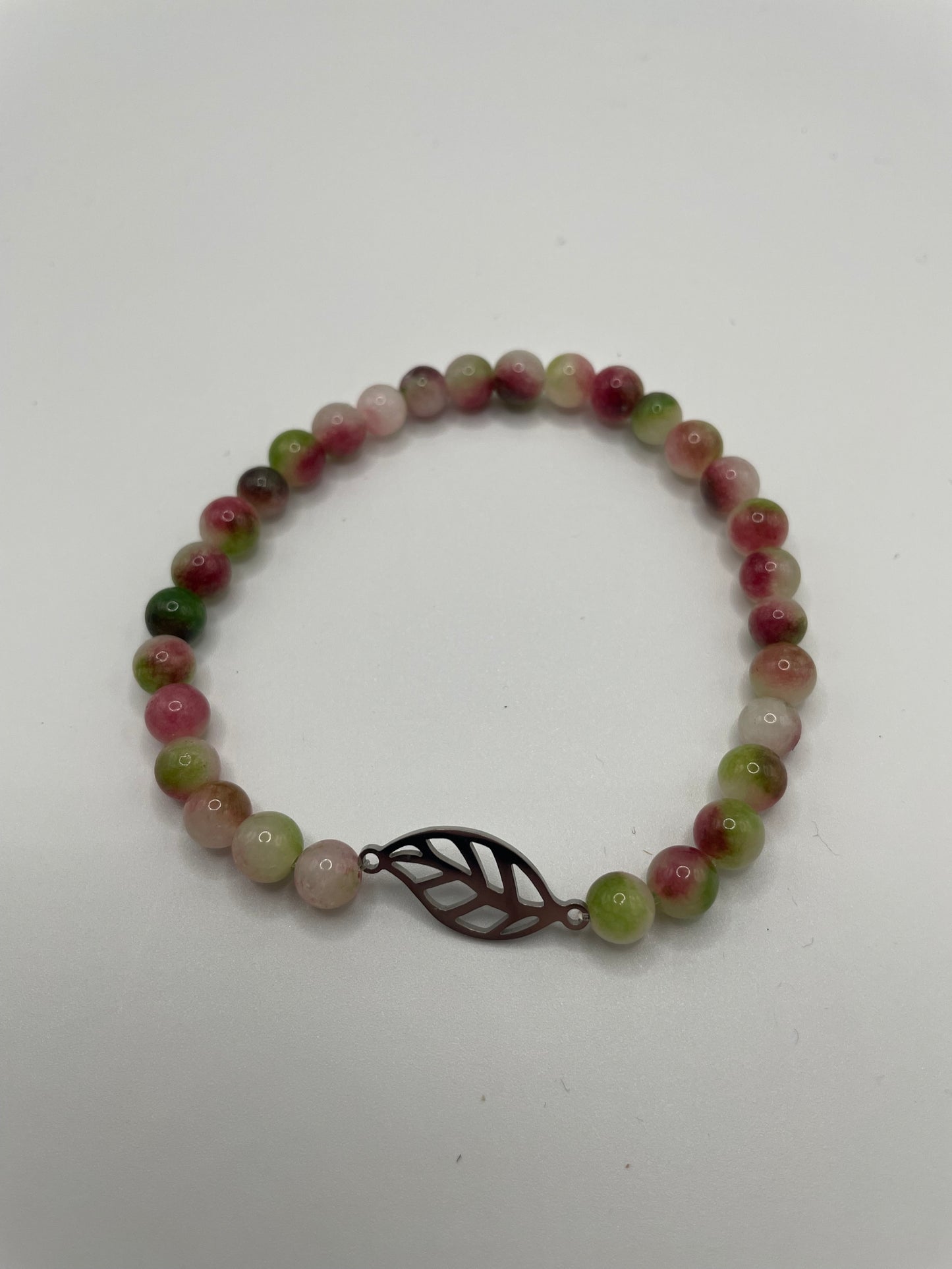 Watermelon Beaded Bracelet with Stainless Steel Leaf Charm