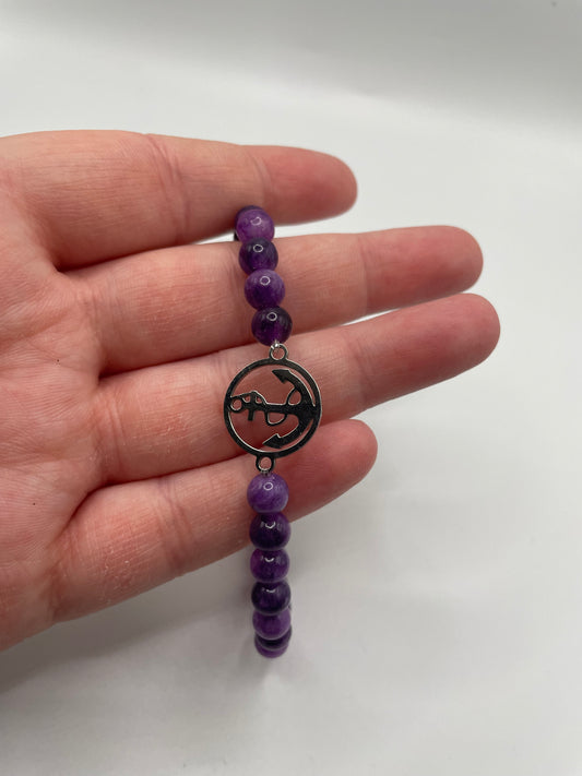 Amethyst Beaded Bracelet with Stainless Steel Anchor Charm