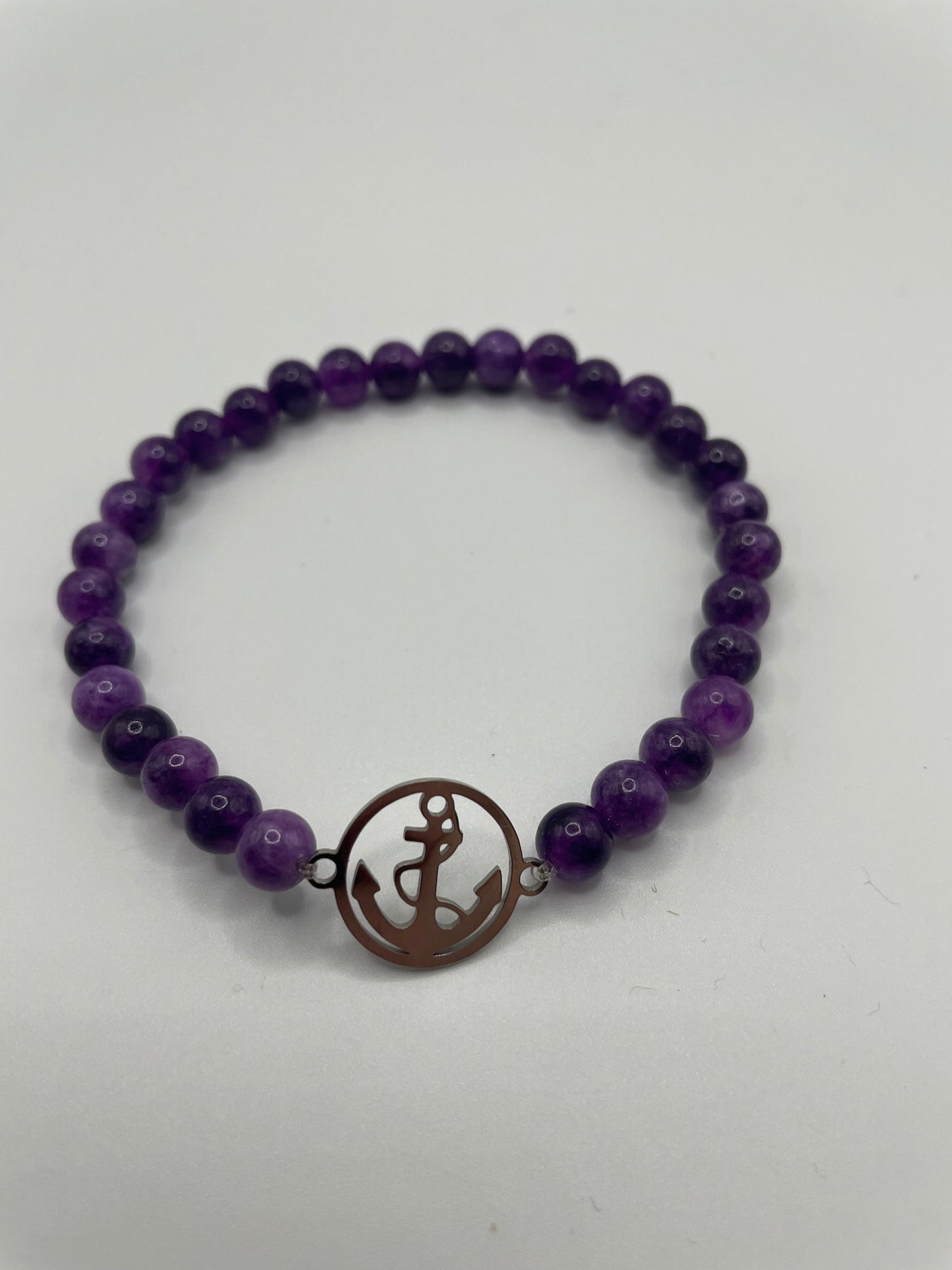 Amethyst Beaded Bracelet with Stainless Steel Anchor Charm