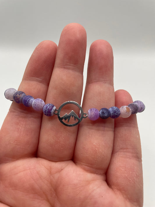 Purple Crackle Agate Beaded Bracelet with Stainless Steel Mountain Charm