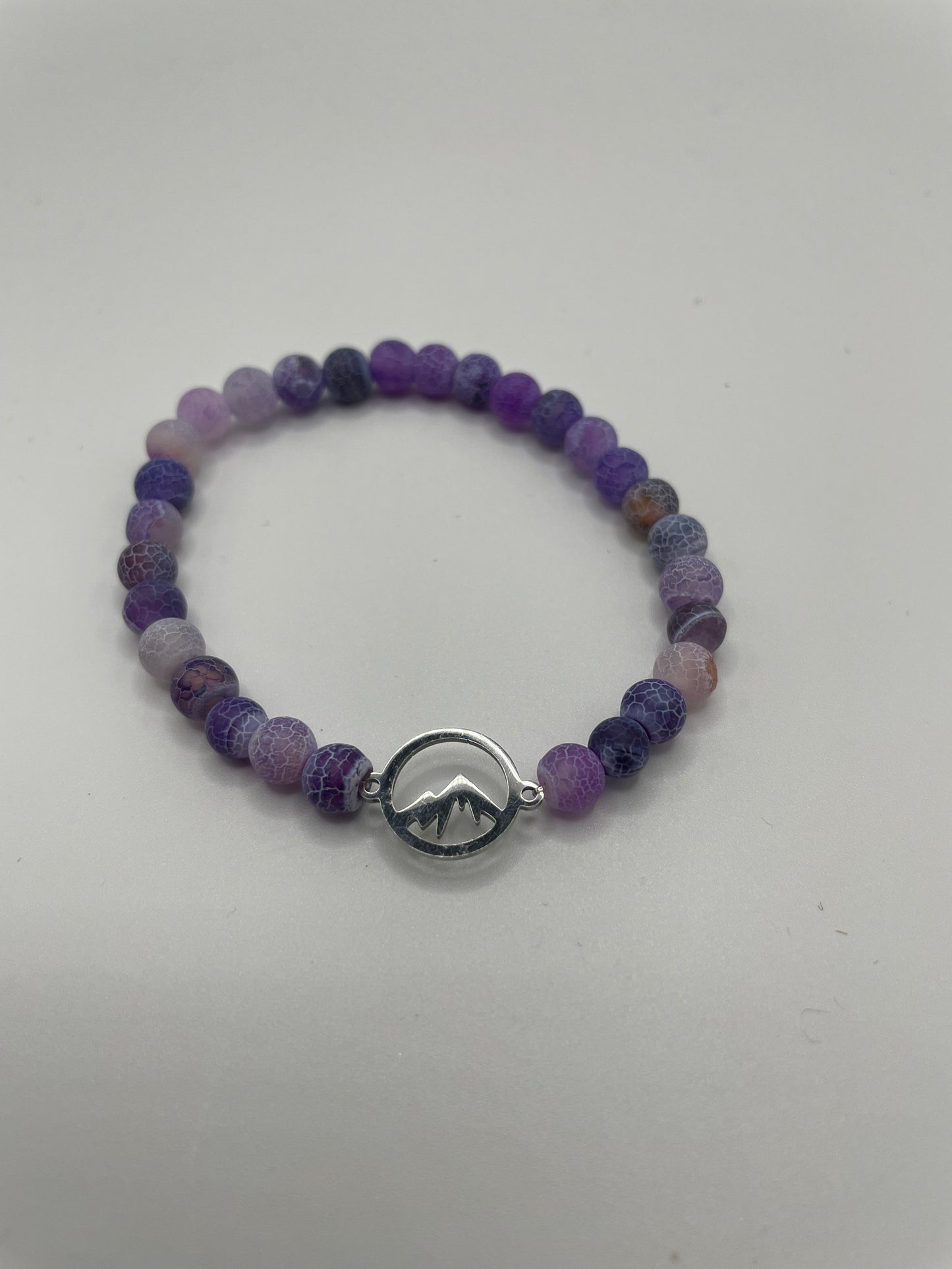 Purple Crackle Agate Beaded Bracelet with Stainless Steel Mountain Charm