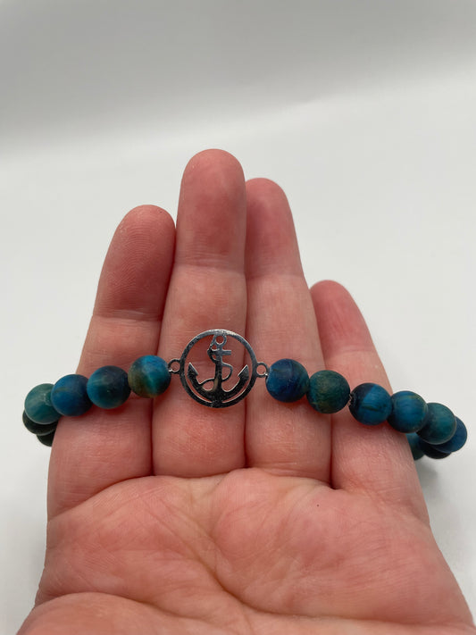 Blue Beaded Bracelet with Stainless Steel Anchor Charm