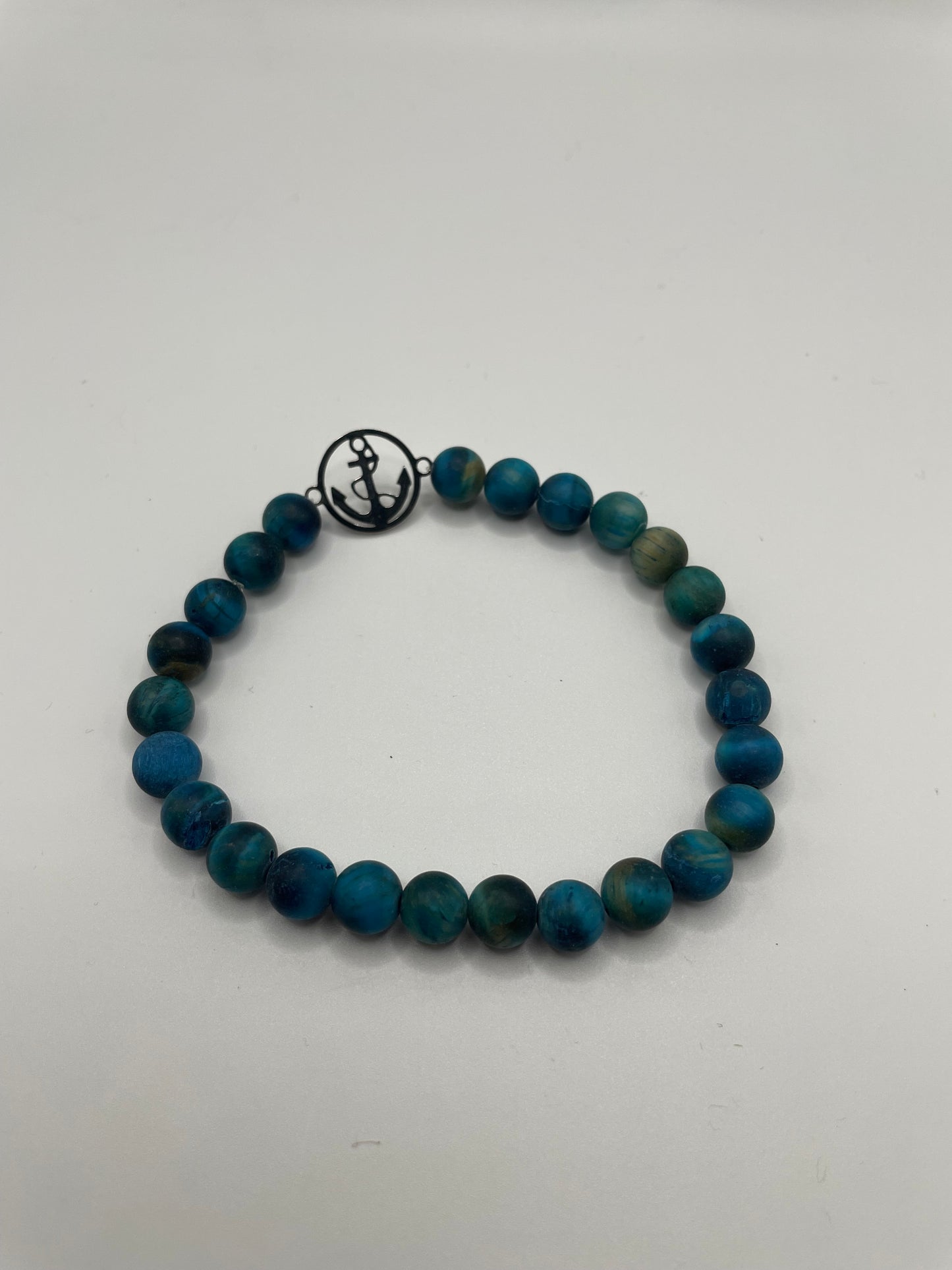 Blue Beaded Bracelet with Stainless Steel Anchor Charm