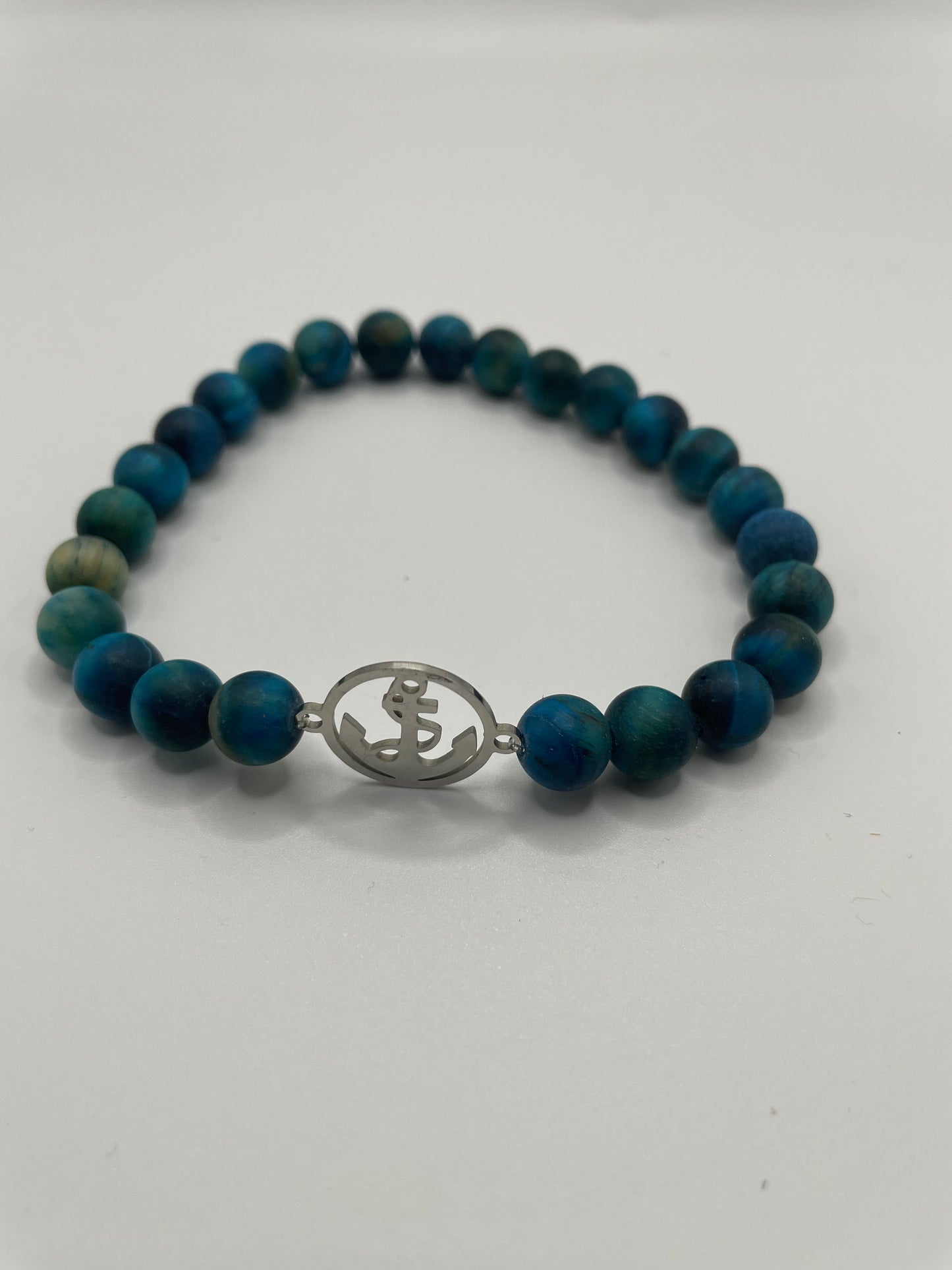 Blue Beaded Bracelet with Stainless Steel Anchor Charm