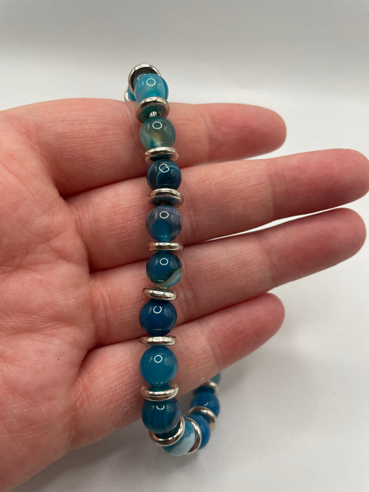 Blue Agate Beaded Bracelet with Silver-Tone Spacers