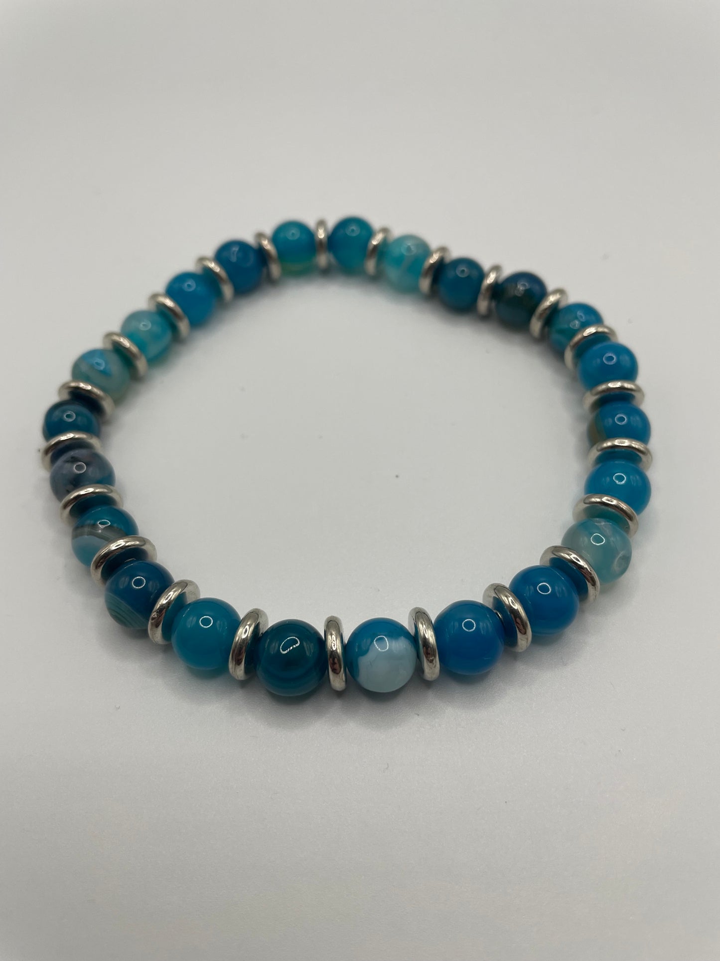 Blue Agate Beaded Bracelet with Silver-Tone Spacers