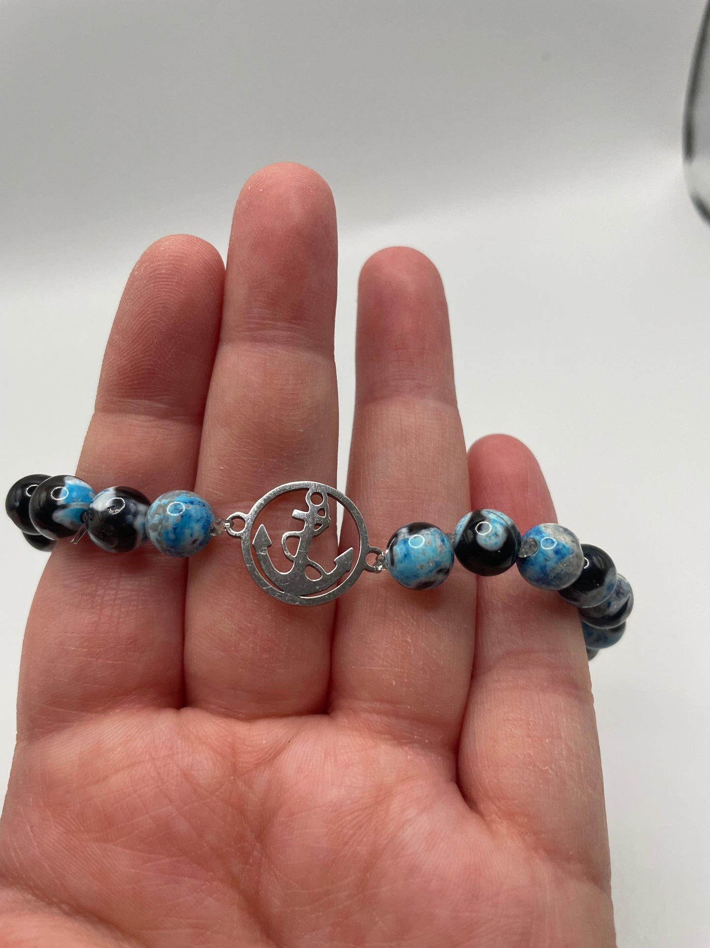 Blue and Black Beaded Bracelet with Stainless Steel Anchor Charm