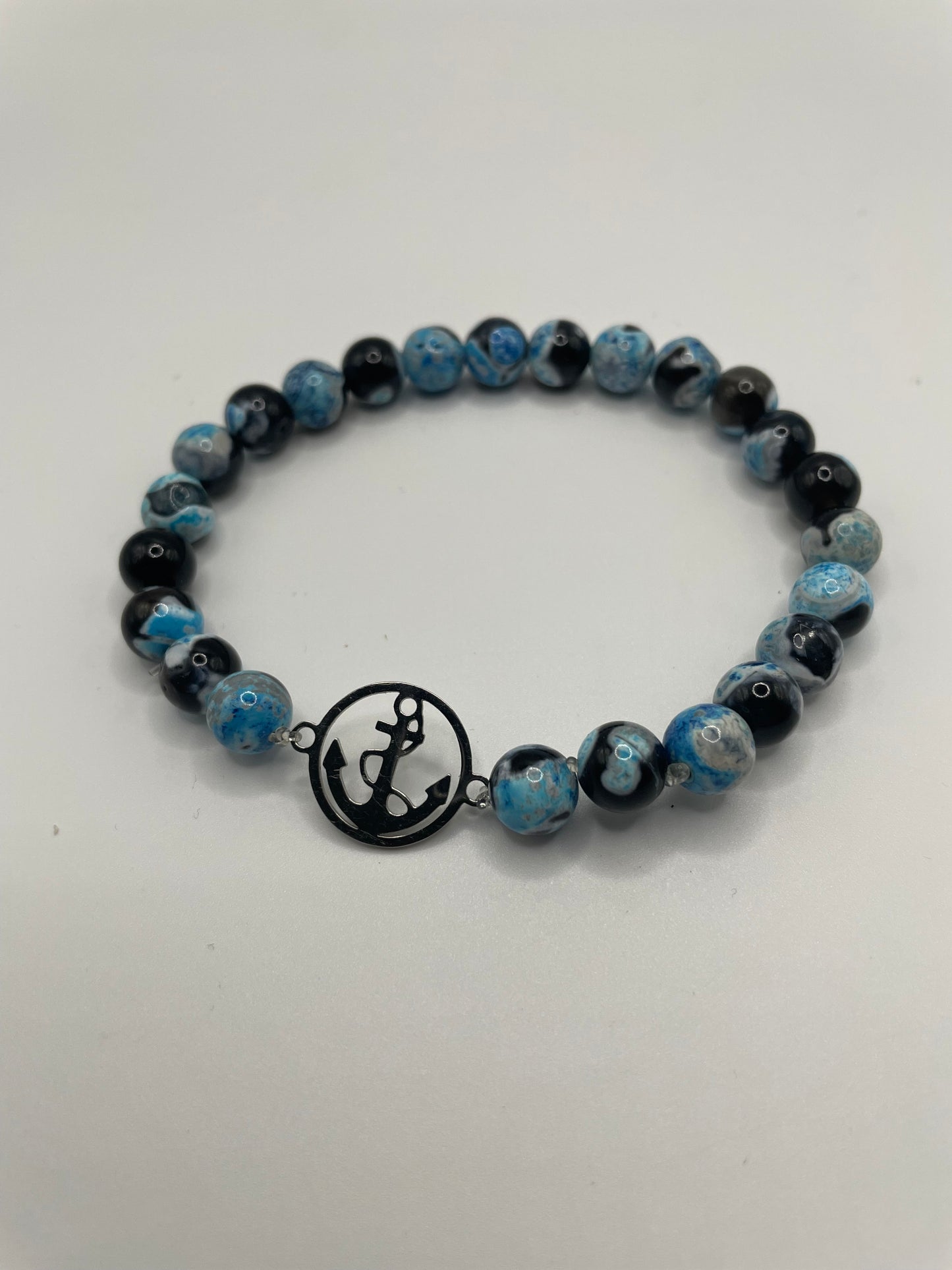 Blue and Black Beaded Bracelet with Stainless Steel Anchor Charm